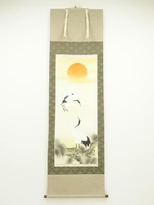 青風筆　松上鶴　肉筆絹本掛軸（共箱）